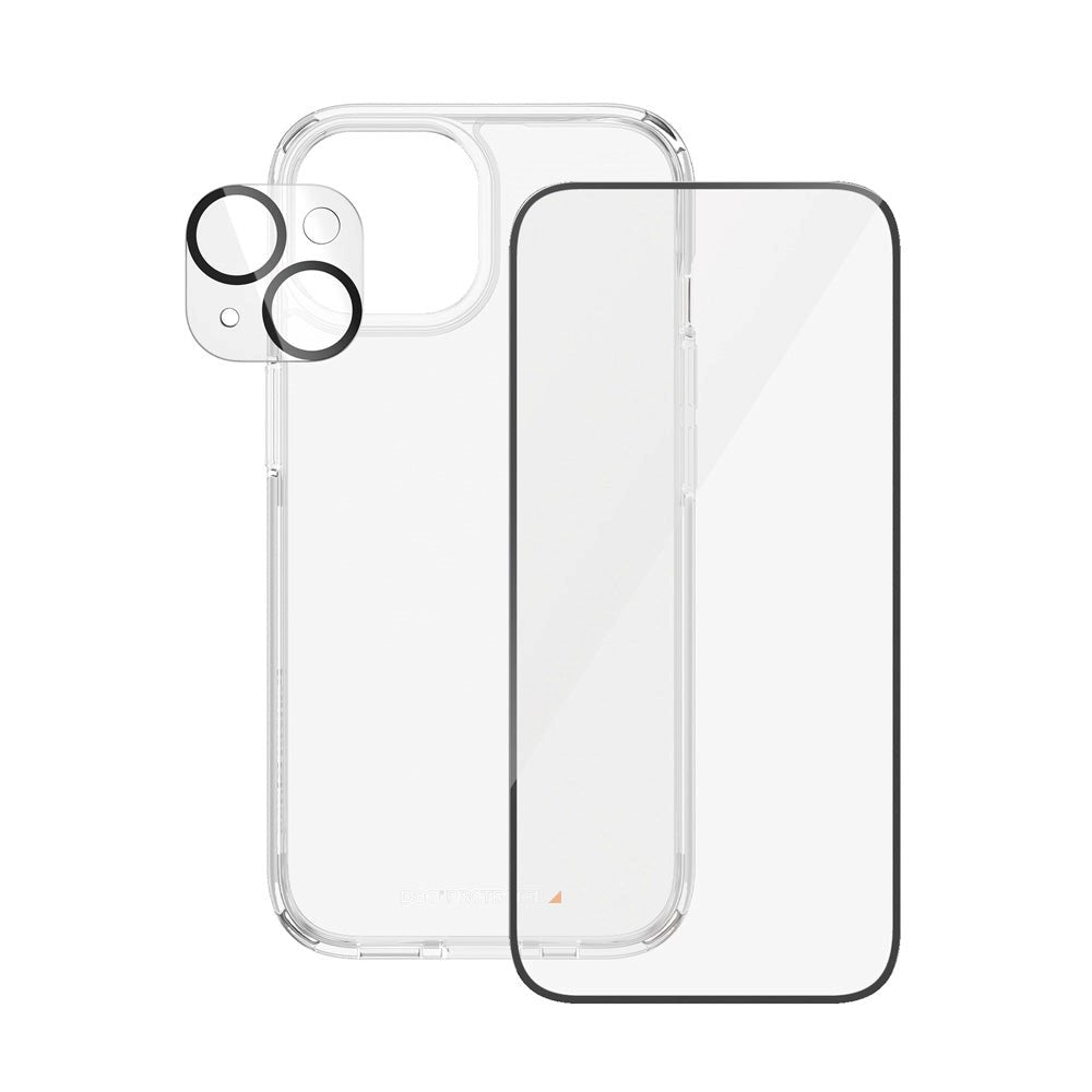 PanzerGlass iPhone 15 3-i-1 Bundle m. EasyAligner - Skærmbeskyttelse (UWF) / Bagsidecover / Kamerabeskyttelse - Gennemsigtig / Sort