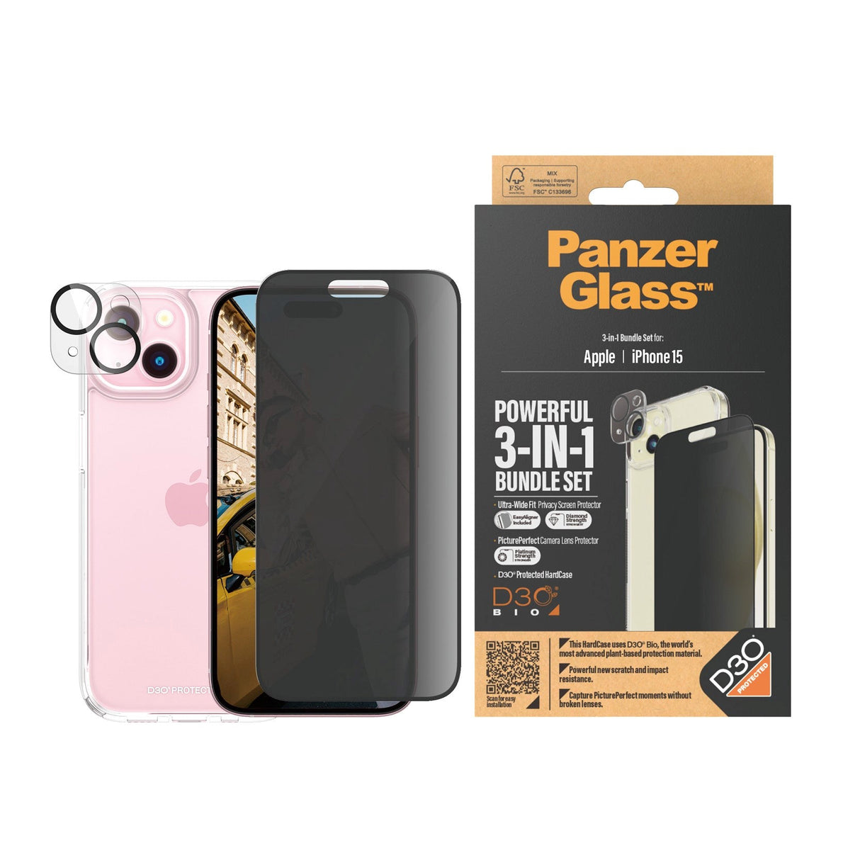 PanzerGlass iPhone 15 3-i-1 Bundle m. EasyAligner - Privacy Skærmbeskyttelse (UWF) / Bagsidecover / Kamerabeskyttelse - Gennemsigtig / Sort