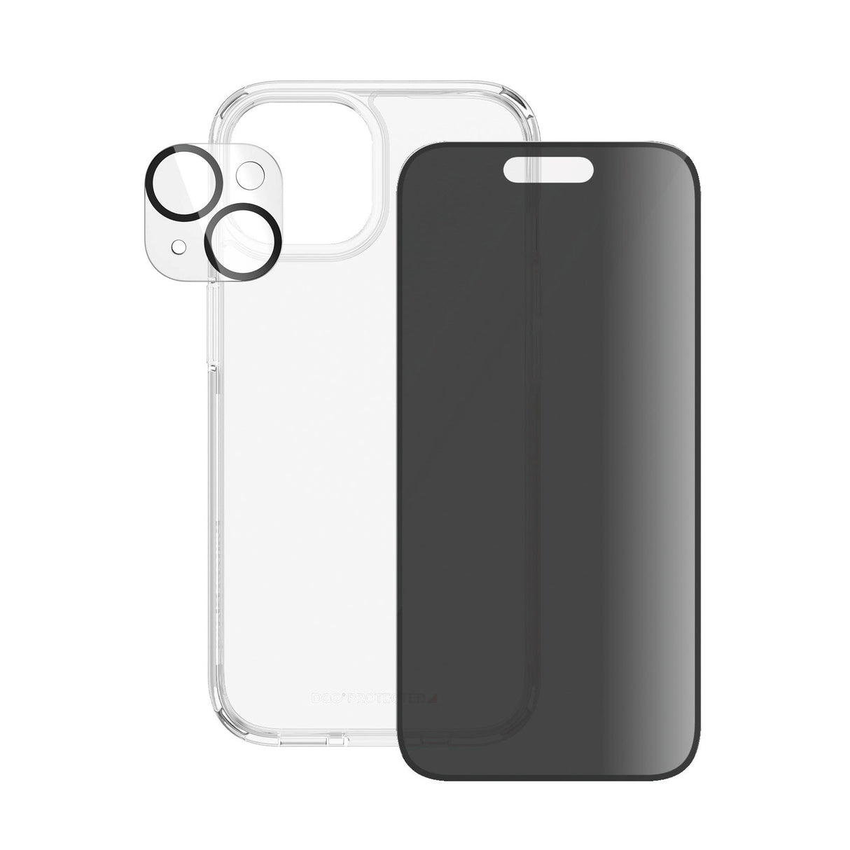PanzerGlass iPhone 15 3-i-1 Bundle m. EasyAligner - Privacy Skærmbeskyttelse (UWF) / Bagsidecover / Kamerabeskyttelse - Gennemsigtig / Sort