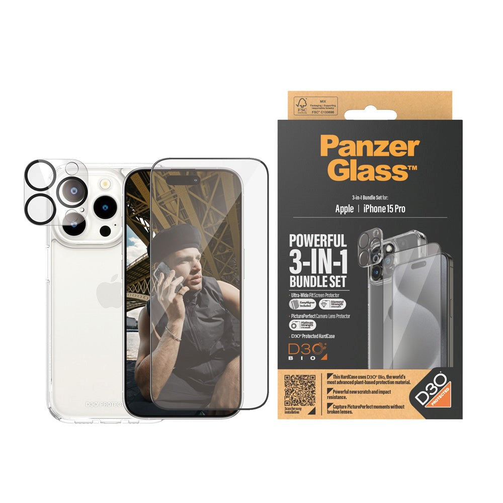 PanzerGlass iPhone 15 Pro 3-i-1 Bundle m. EasyAligner - Skærmbeskyttelse (UWF) / Bagsidecover / Kamerabeskyttelse - Gennemsigtig / Sort