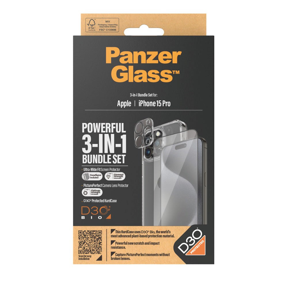 PanzerGlass iPhone 15 Pro 3-i-1 Bundle m. EasyAligner - Skærmbeskyttelse (UWF) / Bagsidecover / Kamerabeskyttelse - Gennemsigtig / Sort