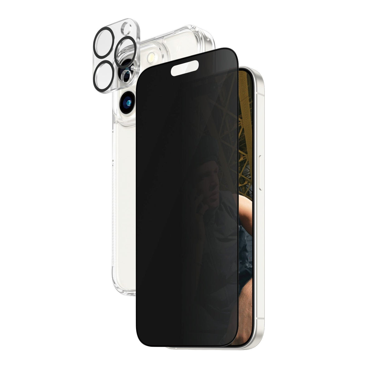 PanzerGlass iPhone 15 Pro 3-i-1 Bundle m. EasyAligner - Privacy Skærmbeskyttelse (UWF) / Bagsidecover / Kamerabeskyttelse - Gennemsigtig / Sort