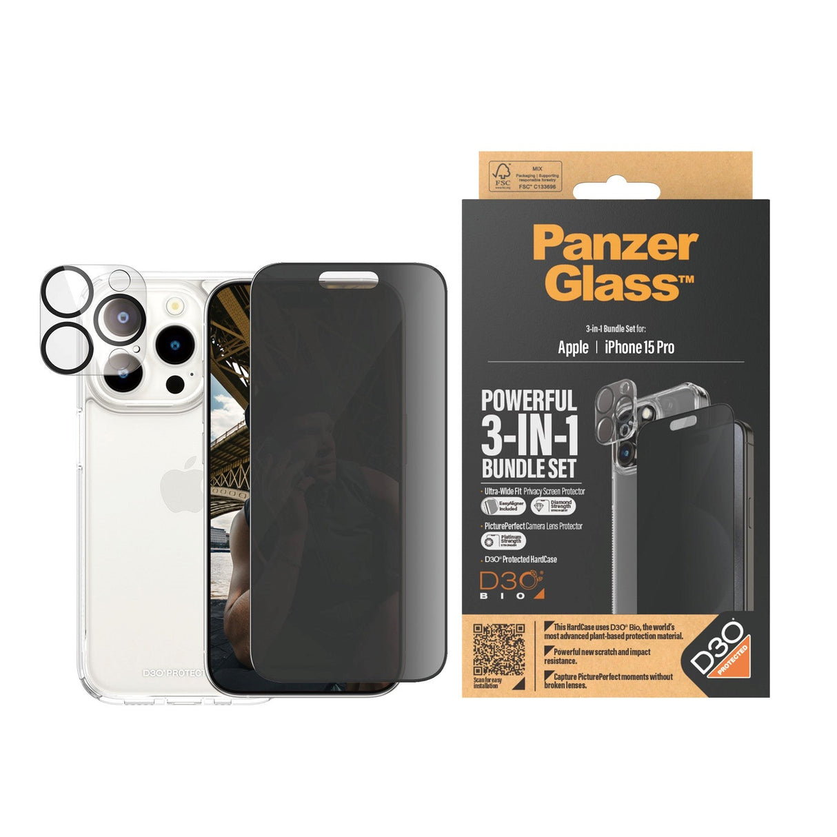 PanzerGlass iPhone 15 Pro 3-i-1 Bundle m. EasyAligner - Privacy Skærmbeskyttelse (UWF) / Bagsidecover / Kamerabeskyttelse - Gennemsigtig / Sort