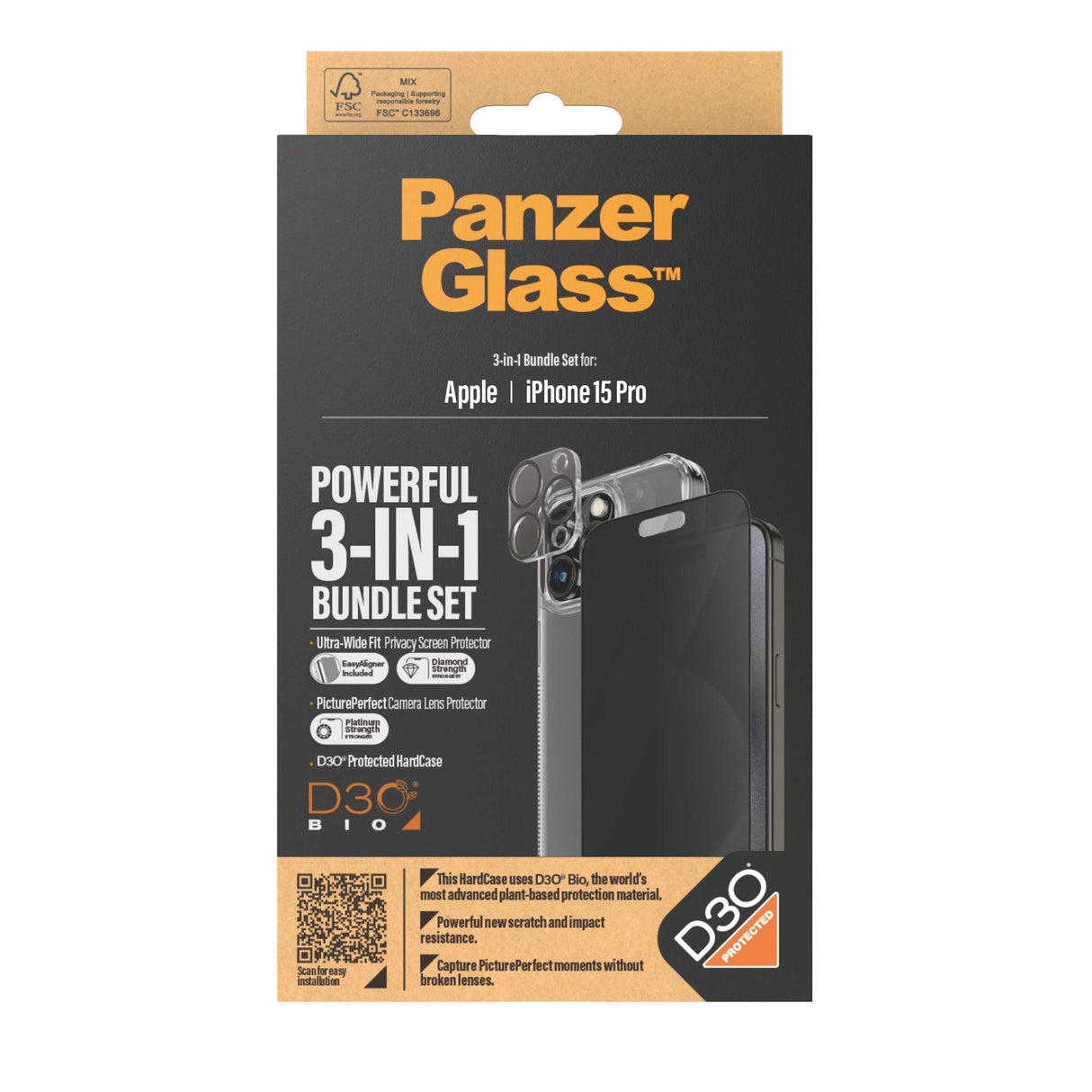 PanzerGlass iPhone 15 Pro 3-i-1 Bundle m. EasyAligner - Privacy Skærmbeskyttelse (UWF) / Bagsidecover / Kamerabeskyttelse - Gennemsigtig / Sort