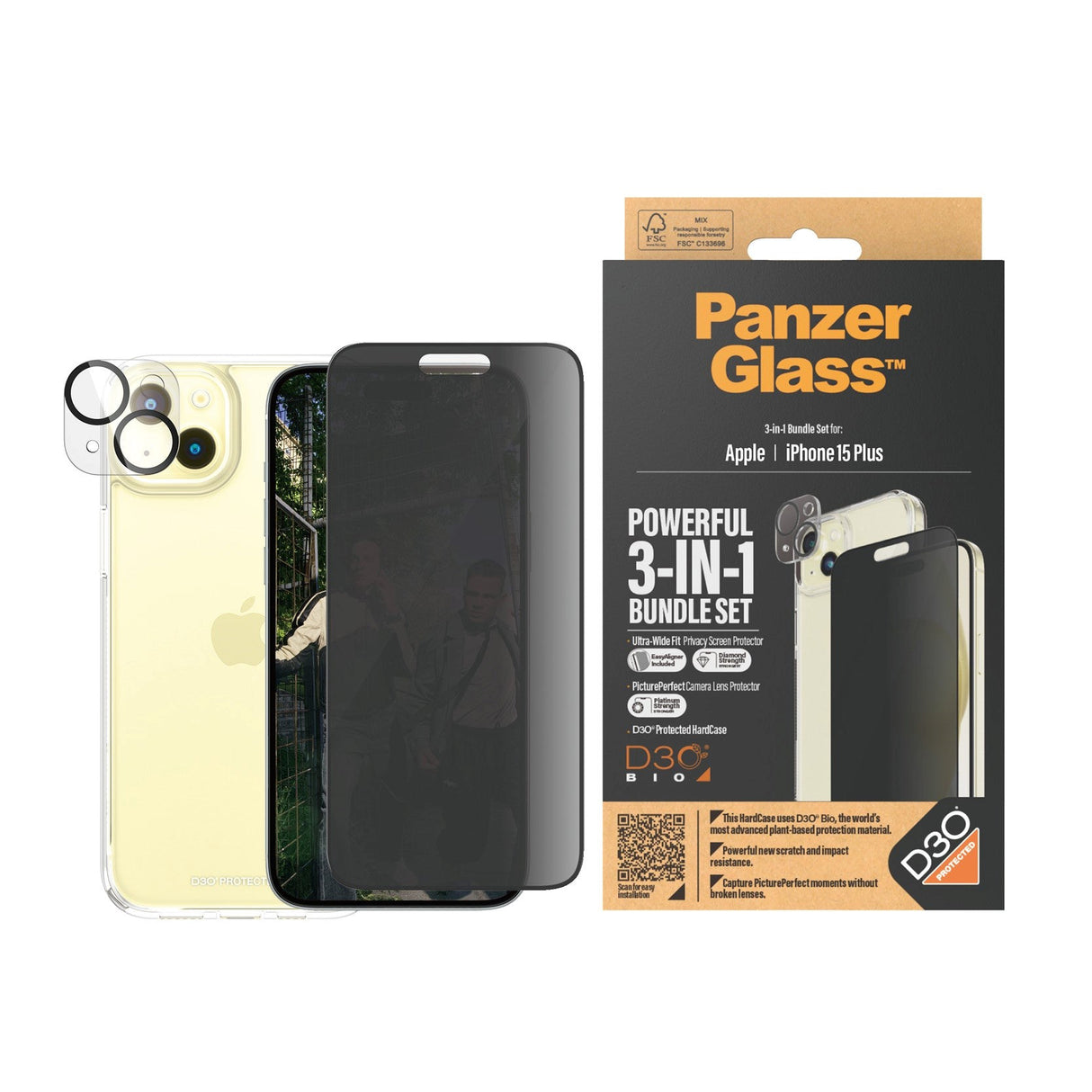 PanzerGlass iPhone 15 Plus 3-i-1 Bundle m. EasyAligner - Privacy Skærmbeskyttelse (UWF) / Bagsidecover / Kamerabeskyttelse - Gennemsigtig / Sort