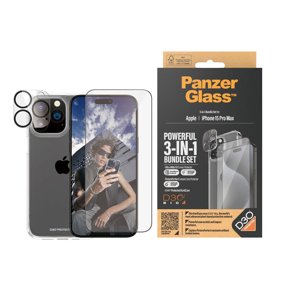 PanzerGlass iPhone 15 Pro Max 3-i-1 Bundle m. EasyAligner - Skærmbeskyttelse (UWF) / Bagsidecover / Kamerabeskyttelse - Gennemsigtig / Sort