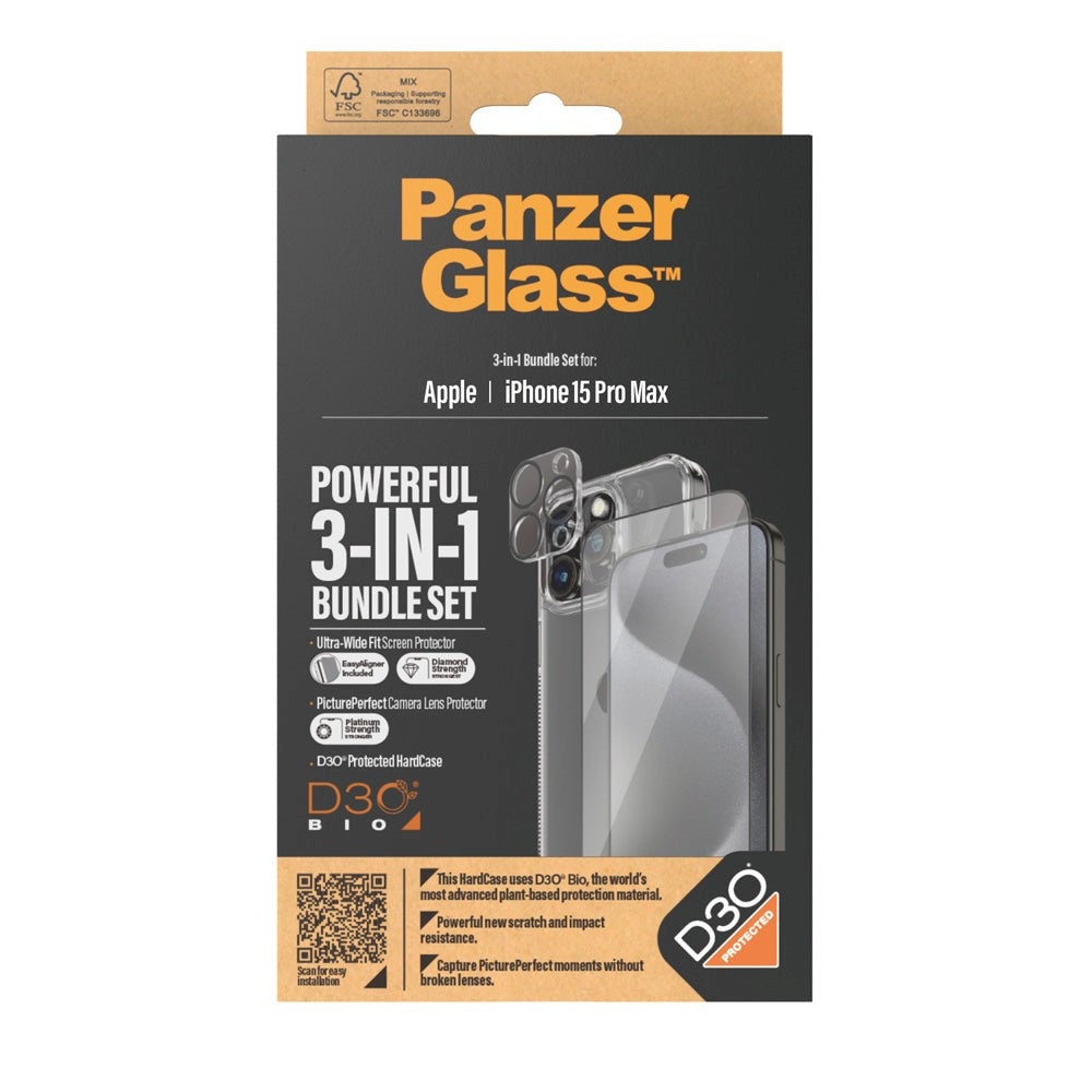 PanzerGlass iPhone 15 Pro Max 3-i-1 Bundle m. EasyAligner - Skærmbeskyttelse (UWF) / Bagsidecover / Kamerabeskyttelse - Gennemsigtig / Sort