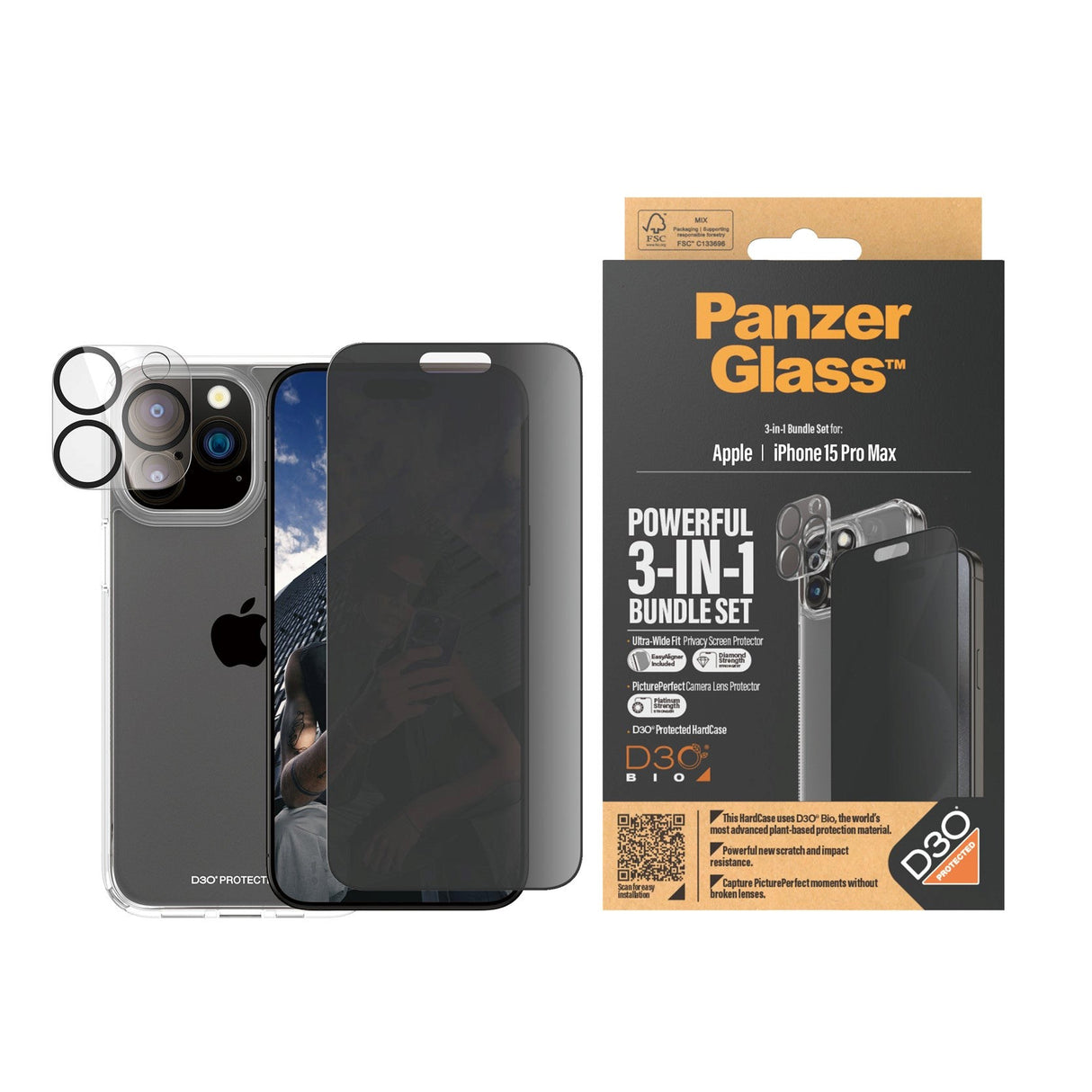 PanzerGlass iPhone 15 Pro Max 3-i-1 Bundle m. EasyAligner - Privacy Skærmbeskyttelse (UWF) / Bagsidecover / Kamerabeskyttelse - Gennemsigtig / Sort