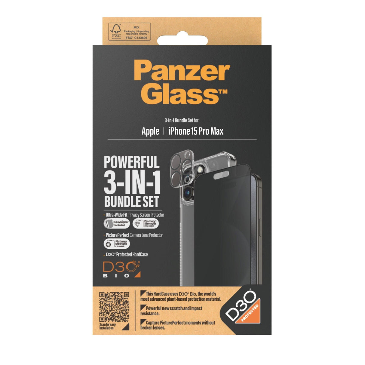 PanzerGlass iPhone 15 Pro Max 3-i-1 Bundle m. EasyAligner - Privacy Skærmbeskyttelse (UWF) / Bagsidecover / Kamerabeskyttelse - Gennemsigtig / Sort