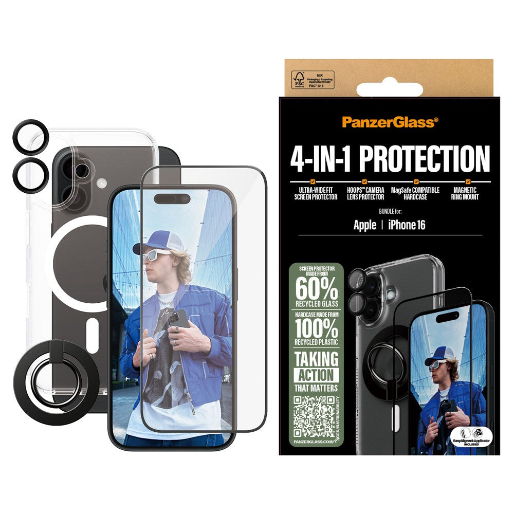 PanzerGlass iPhone 16 4-i-1 Bundle m. EasyAligner - Skærmbeskyttelse (UWF) / Bagsidecover / Kamerabeskyttelse / Fingerring - Gennemsigtig / Sort