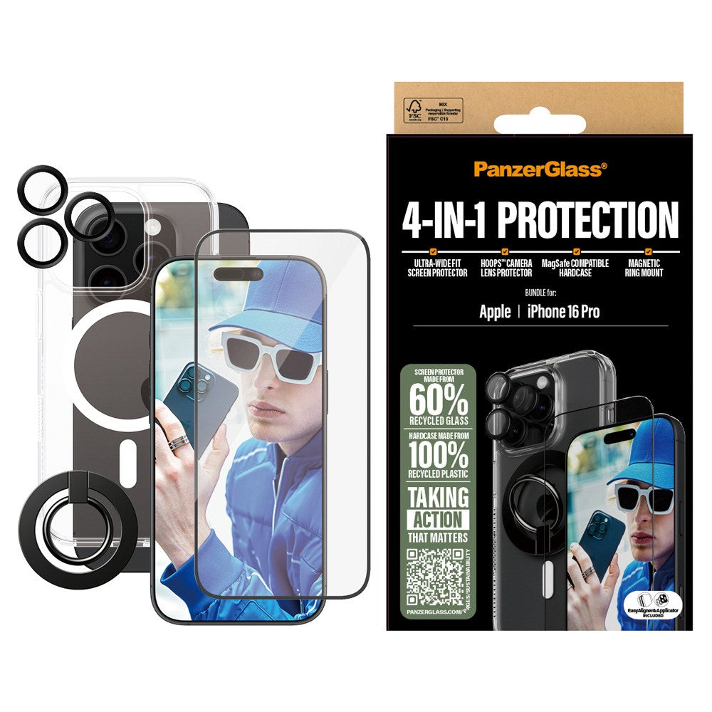 PanzerGlass iPhone 16 Pro 4-i-1 Bundle m. EasyAligner - Skærmbeskyttelse (UWF) / Bagsidecover / Kamerabeskyttelse / Fingerring - Gennemsigtig / Sort