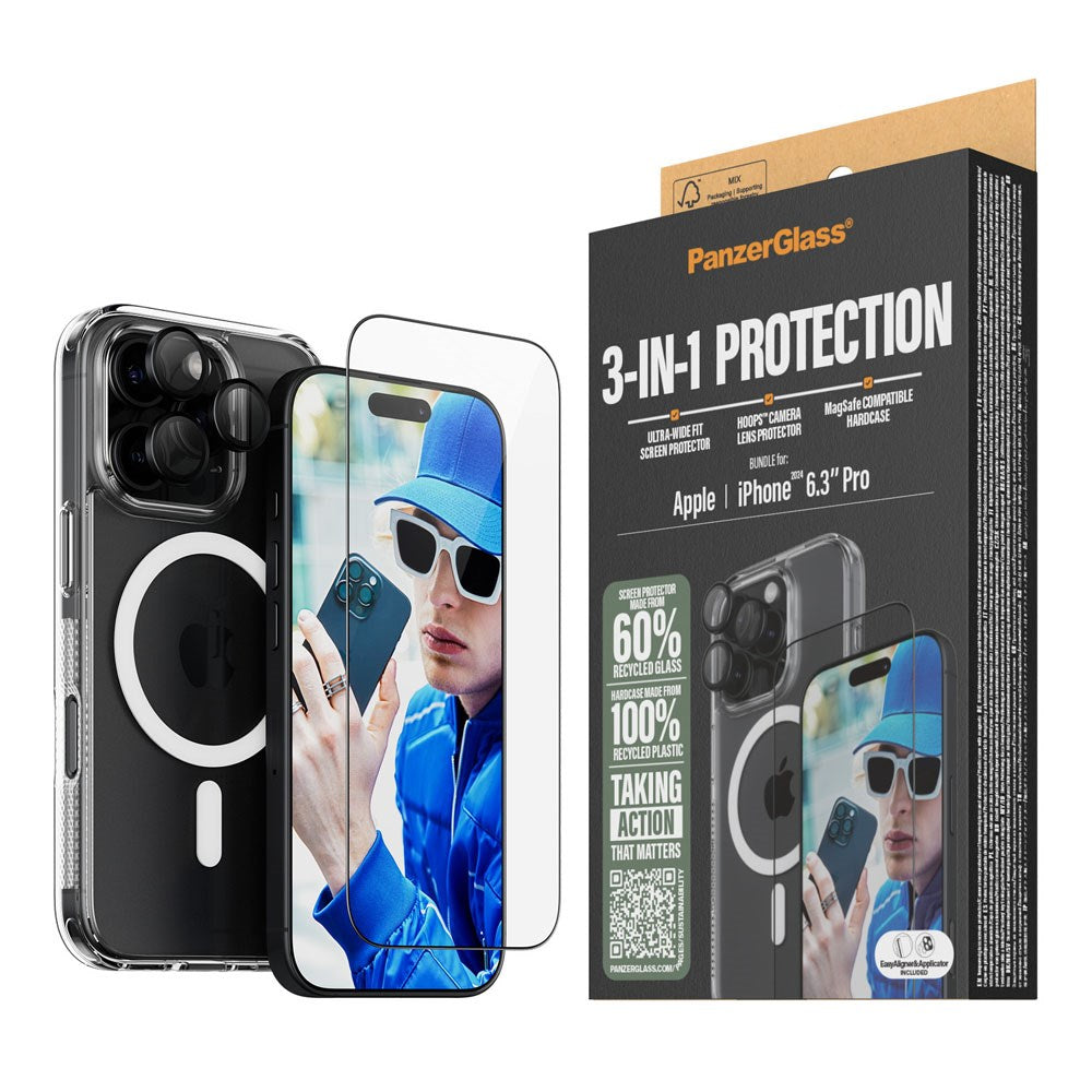 PanzerGlass iPhone 16 Pro 3-i-1 Bundle m. EasyAligner - Skærmbeskyttelse (UWF) / Bagsidecover / Kamerabeskyttelse - Gennemsigtig / Sort