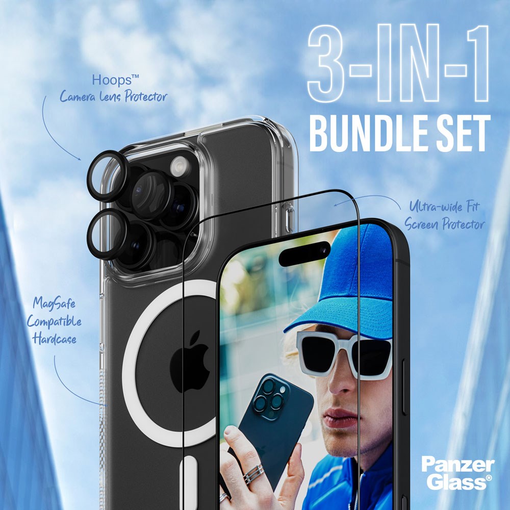 PanzerGlass iPhone 16 Pro 3-i-1 Bundle m. EasyAligner - Skærmbeskyttelse (UWF) / Bagsidecover / Kamerabeskyttelse - Gennemsigtig / Sort