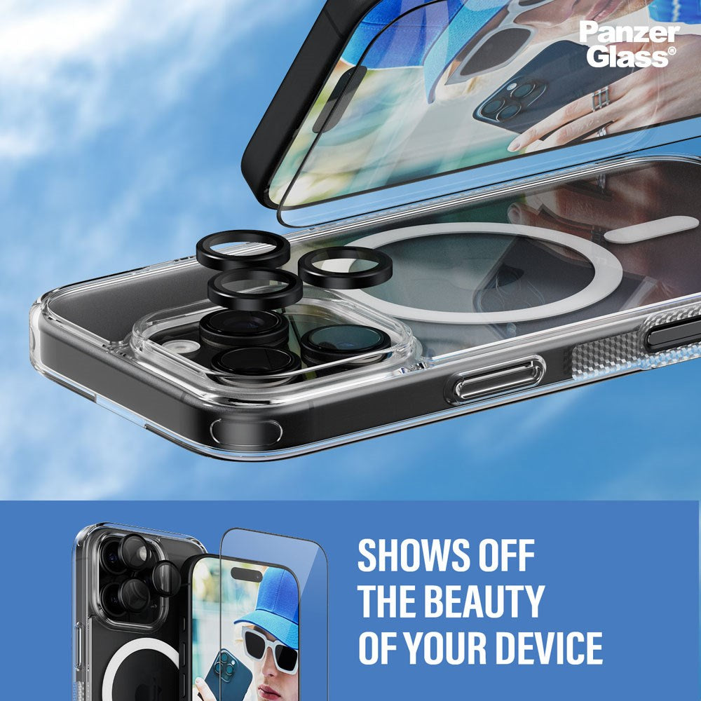 PanzerGlass iPhone 16 Pro 3-i-1 Bundle m. EasyAligner - Skærmbeskyttelse (UWF) / Bagsidecover / Kamerabeskyttelse - Gennemsigtig / Sort