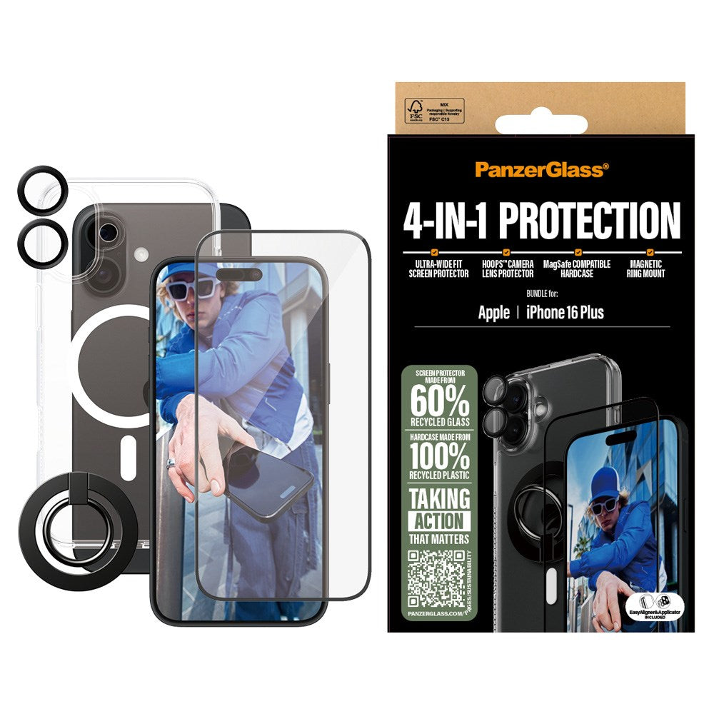 PanzerGlass iPhone 16 Plus 4-i-1 Bundle m. EasyAligner - Skærmbeskyttelse (UWF) / Bagsidecover / Kamerabeskyttelse / Fingerring - Gennemsigtig / Sort