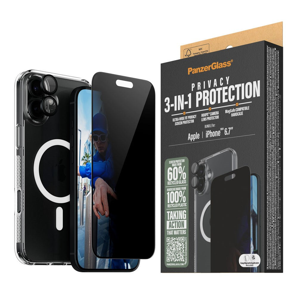 PanzerGlass iPhone 16 Plus 3-i-1 Bundle m. EasyAligner - Privacy Skærmbeskyttelse (UWF) / Bagsidecover / Kamerabeskyttelse - Gennemsigtig / Sort