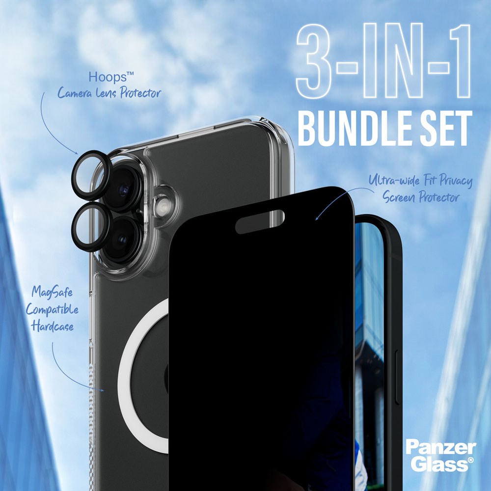 PanzerGlass iPhone 16 Plus 3-i-1 Bundle m. EasyAligner - Privacy Skærmbeskyttelse (UWF) / Bagsidecover / Kamerabeskyttelse - Gennemsigtig / Sort