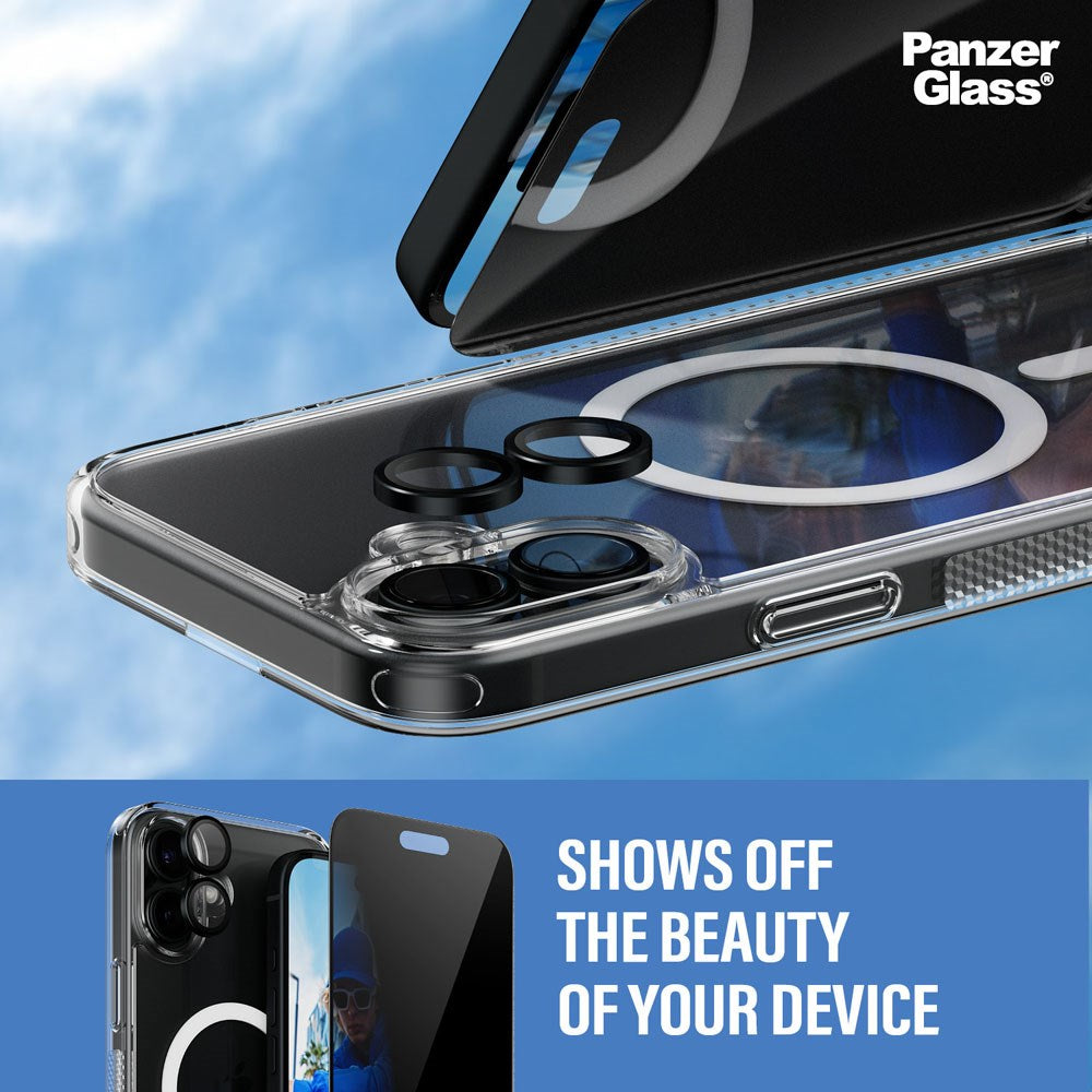 PanzerGlass iPhone 16 Plus 3-i-1 Bundle m. EasyAligner - Privacy Skærmbeskyttelse (UWF) / Bagsidecover / Kamerabeskyttelse - Gennemsigtig / Sort