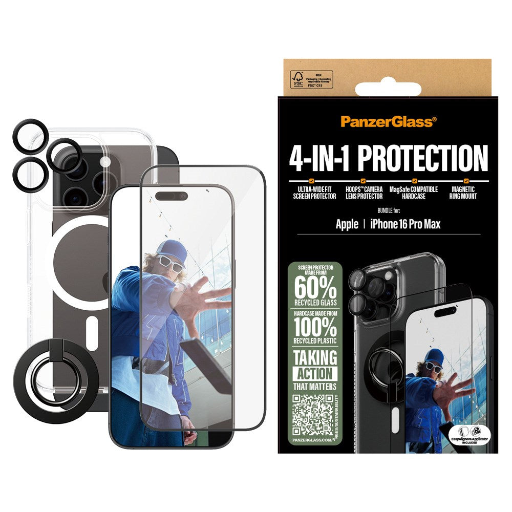 PanzerGlass iPhone 16 Pro Max 4-i-1 Bundle m. EasyAligner - Skærmbeskyttelse (UWF) / Bagsidecover / Kamerabeskyttelse / Fingerring - Gennemsigtig / Sort