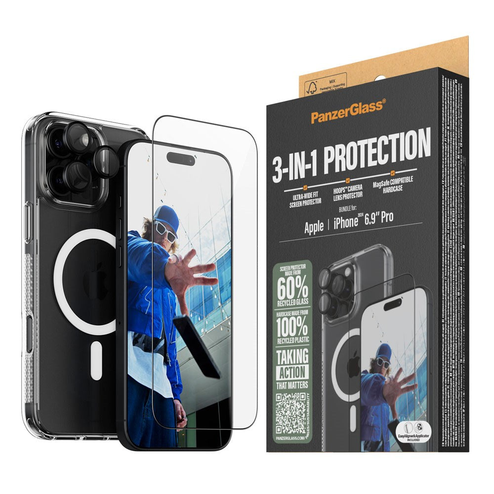 PanzerGlass iPhone 16 Pro Max 3-i-1 Bundle m. EasyAligner - Skærmbeskyttelse (UWF) / Bagsidecover / Kamerabeskyttelse - Gennemsigtig / Sort