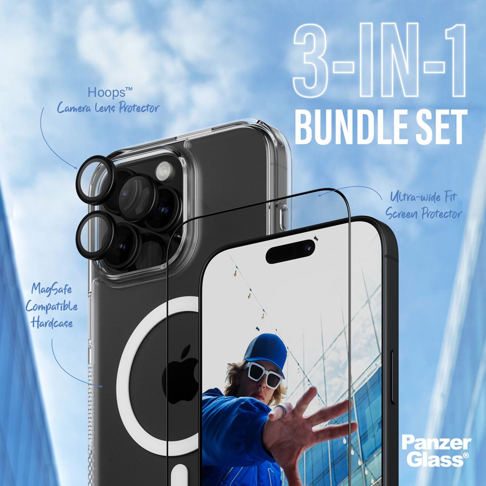 PanzerGlass iPhone 16 Pro Max 3-i-1 Bundle m. EasyAligner - Skærmbeskyttelse (UWF) / Bagsidecover / Kamerabeskyttelse - Gennemsigtig / Sort