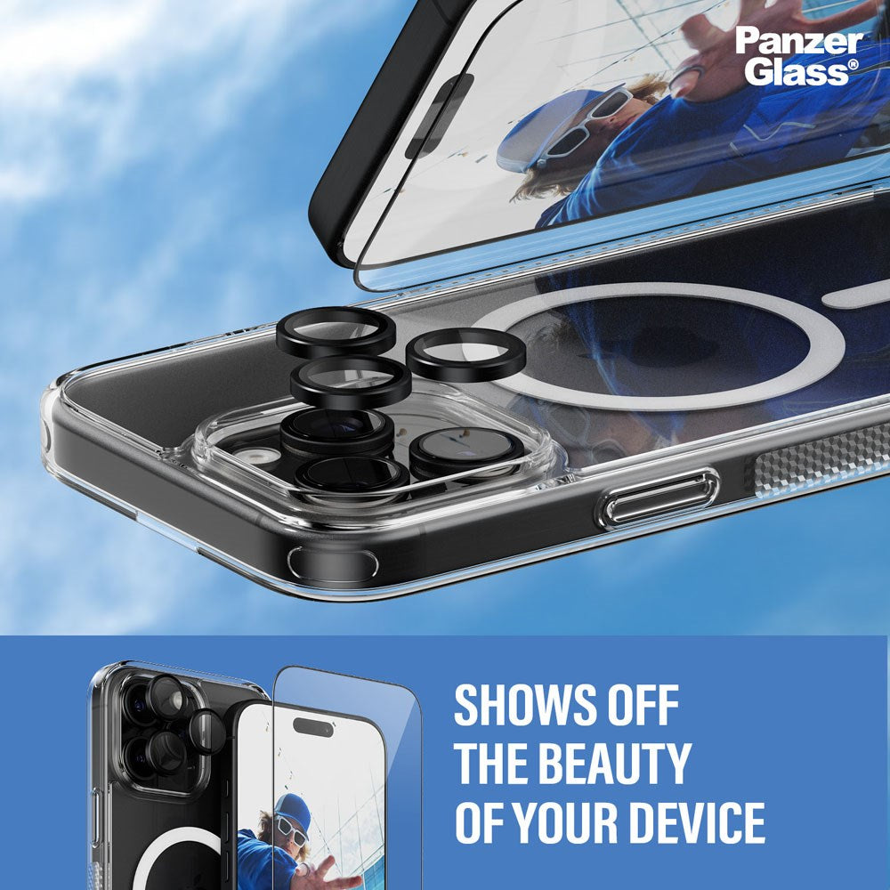 PanzerGlass iPhone 16 Pro Max 3-i-1 Bundle m. EasyAligner - Skærmbeskyttelse (UWF) / Bagsidecover / Kamerabeskyttelse - Gennemsigtig / Sort