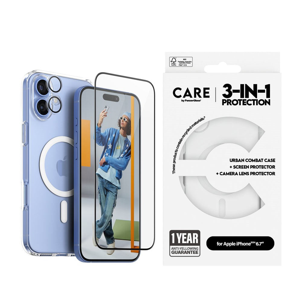 iPhone 16 Plus CARE By PanzerGlass 3-i-1 FLAGSHIP MagSafe Bundle - Skærmbeskyttelse (UWF) / Bagsidecover / Kamerabeskyttelse - Gennemsigtig / Hvid