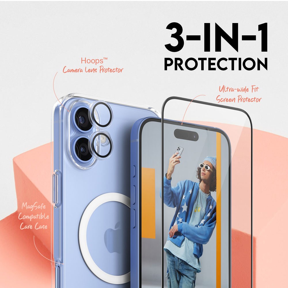 iPhone 16 Plus CARE By PanzerGlass 3-i-1 FLAGSHIP MagSafe Bundle - Skærmbeskyttelse (UWF) / Bagsidecover / Kamerabeskyttelse - Gennemsigtig / Hvid