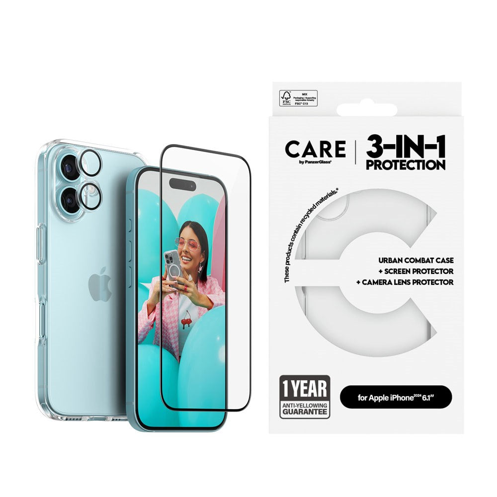 iPhone 16 CARE By PanzerGlass 3-i-1 FLAGSHIP Bundle - Skærmbeskyttelse (UWF) / Bagsidecover / Kamerabeskyttelse - Gennemsigtig