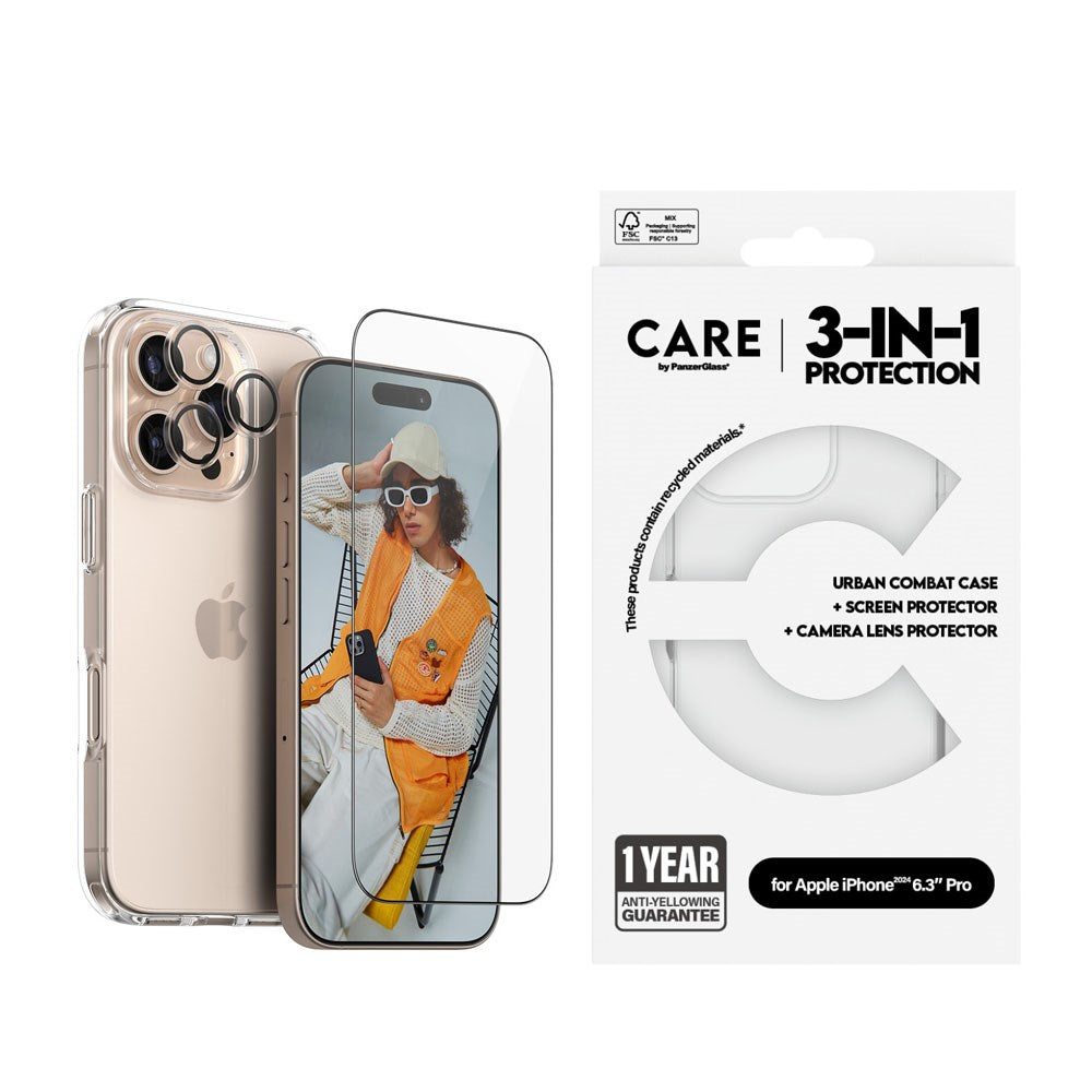 iPhone 16 Pro CARE By PanzerGlass 3-i-1 FLAGSHIP Bundle - Skærmbeskyttelse (UWF) / Bagsidecover / Kamerabeskyttelse - Gennemsigtig