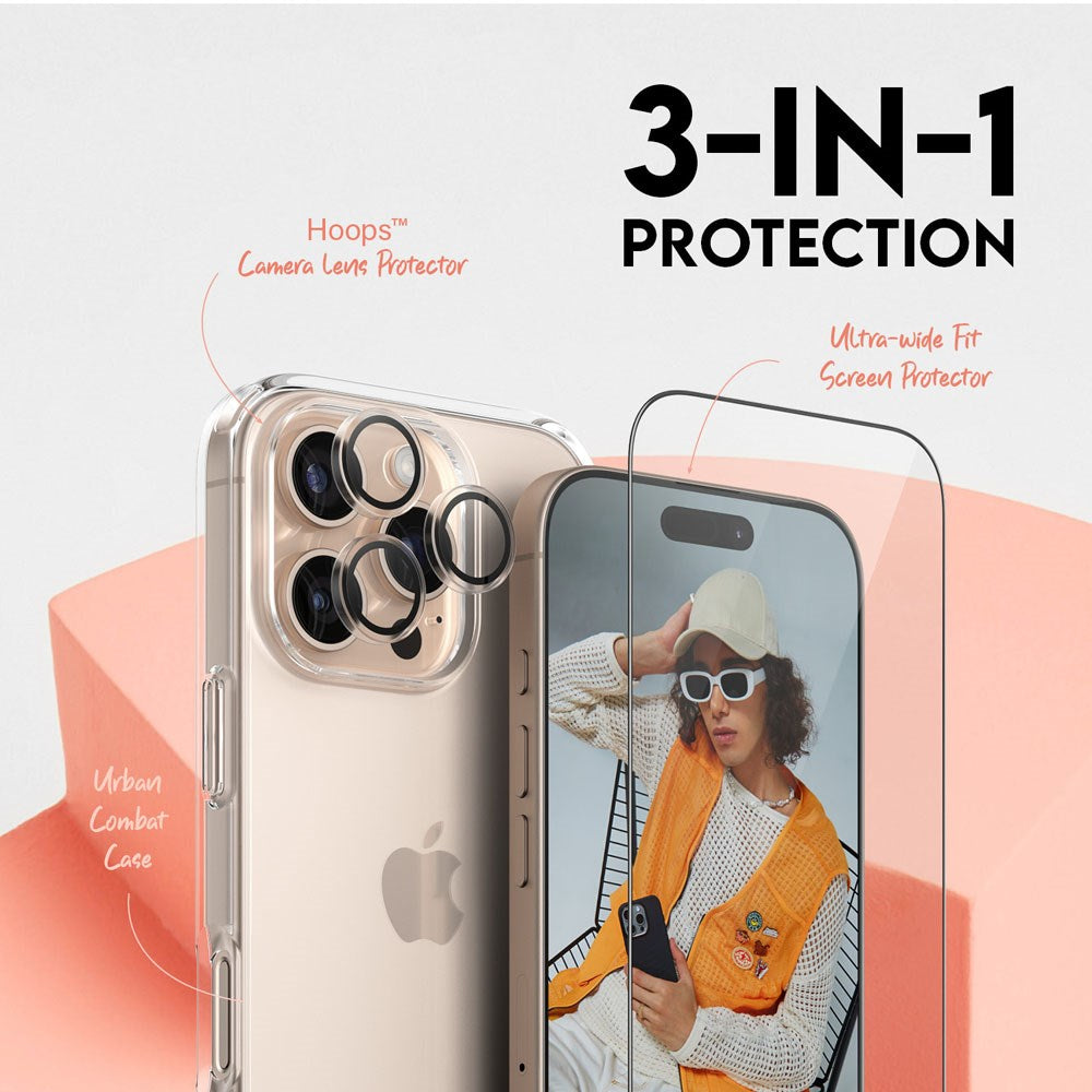 iPhone 16 Pro CARE By PanzerGlass 3-i-1 FLAGSHIP Bundle - Skærmbeskyttelse (UWF) / Bagsidecover / Kamerabeskyttelse - Gennemsigtig