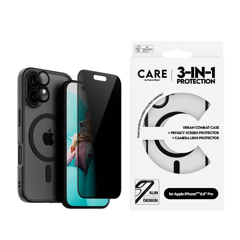 iPhone 16 CARE By PanzerGlass 3-i-1 FLAGSHIP MagSafe Bundle - Privacy Skærmbeskyttelse (UWF) / Bagsidecover / Kamerabeskyttelse - Gennemsigtig / Sort