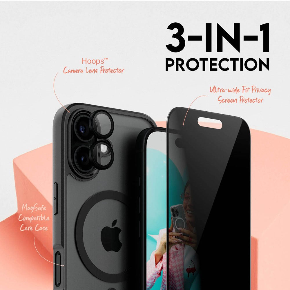 iPhone 16 CARE By PanzerGlass 3-i-1 FLAGSHIP MagSafe Bundle - Privacy Skærmbeskyttelse (UWF) / Bagsidecover / Kamerabeskyttelse - Gennemsigtig / Sort