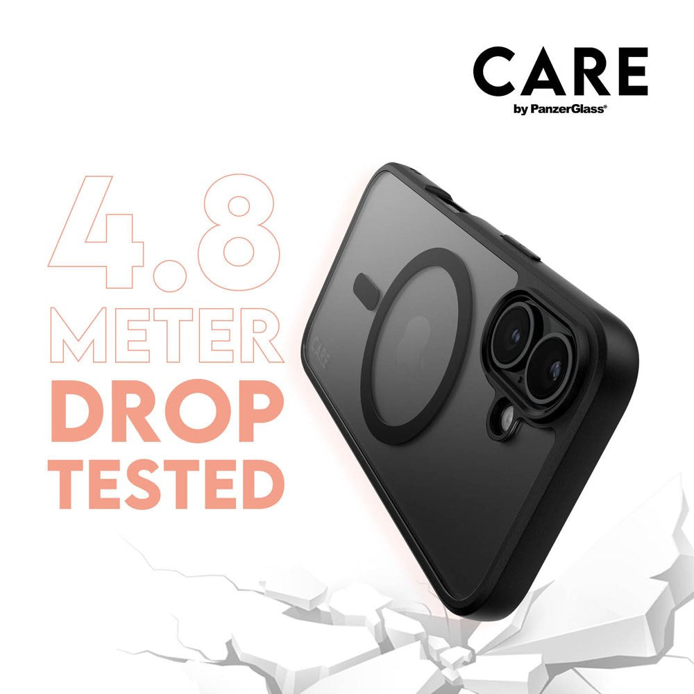 iPhone 16 CARE By PanzerGlass 3-i-1 FLAGSHIP MagSafe Bundle - Privacy Skærmbeskyttelse (UWF) / Bagsidecover / Kamerabeskyttelse - Gennemsigtig / Sort