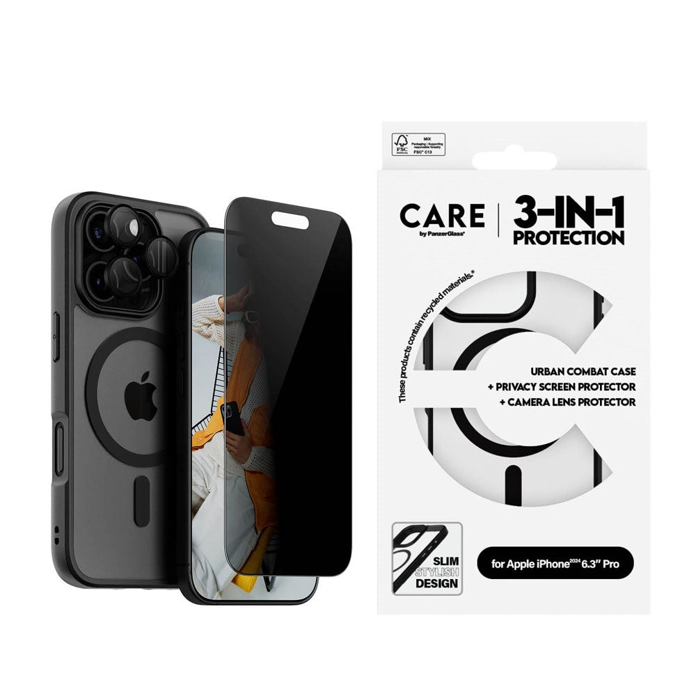 iPhone 16 Pro CARE By PanzerGlass 3-i-1 FLAGSHIP MagSafe Bundle - Privacy Skærmbeskyttelse (UWF) / Bagsidecover / Kamerabeskyttelse - Gennemsigtig / Sort