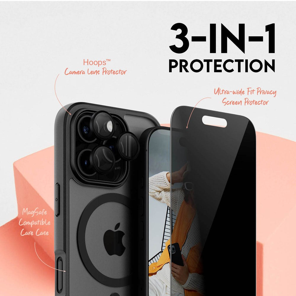 iPhone 16 Pro CARE By PanzerGlass 3-i-1 FLAGSHIP MagSafe Bundle - Privacy Skærmbeskyttelse (UWF) / Bagsidecover / Kamerabeskyttelse - Gennemsigtig / Sort