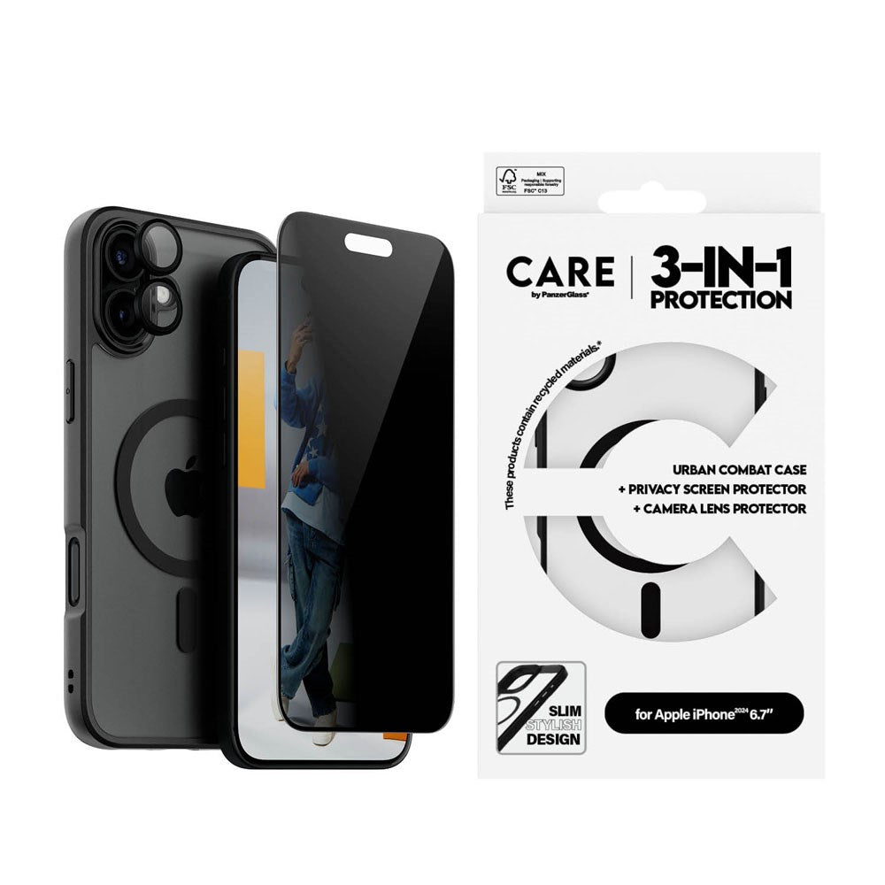 iPhone 16 Plus CARE By PanzerGlass 3-i-1 FLAGSHIP MagSafe Bundle - Privacy Skærmbeskyttelse (UWF) / Bagsidecover / Kamerabeskyttelse - Gennemsigtig / Sort
