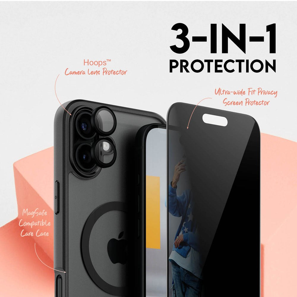 iPhone 16 Plus CARE By PanzerGlass 3-i-1 FLAGSHIP MagSafe Bundle - Privacy Skærmbeskyttelse (UWF) / Bagsidecover / Kamerabeskyttelse - Gennemsigtig / Sort