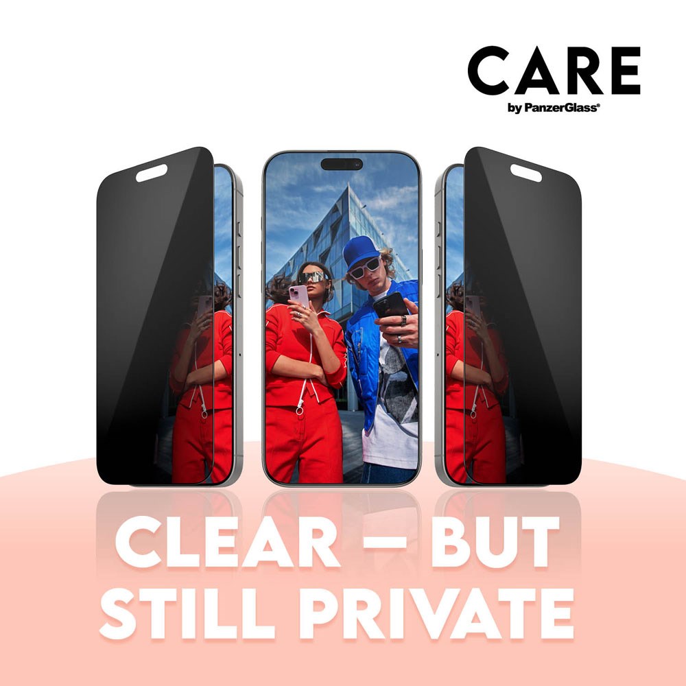 iPhone 16 Plus CARE By PanzerGlass 3-i-1 FLAGSHIP MagSafe Bundle - Privacy Skærmbeskyttelse (UWF) / Bagsidecover / Kamerabeskyttelse - Gennemsigtig / Sort