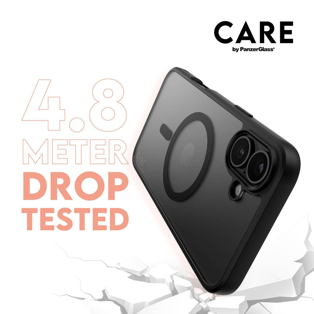 iPhone 16 Plus CARE By PanzerGlass 3-i-1 FLAGSHIP MagSafe Bundle - Privacy Skærmbeskyttelse (UWF) / Bagsidecover / Kamerabeskyttelse - Gennemsigtig / Sort