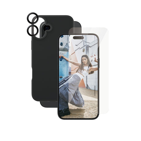 iPhone 16 Plus CARE By PanzerGlass 3-i-1 FASHION Bundle - Skærmbeskyttelse (UWF) / Bagsidecover / Kamerabeskyttelse - Gennemsigtig / Sort