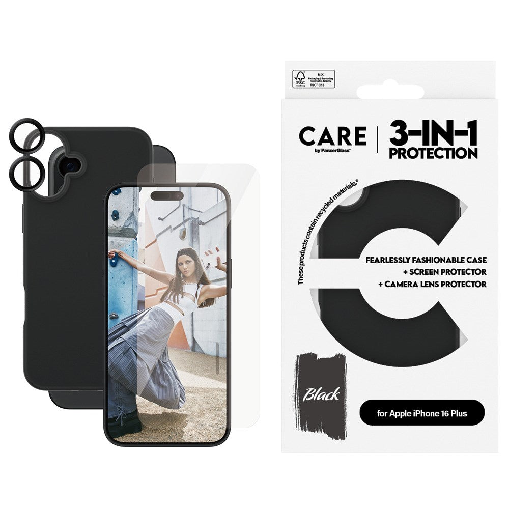 iPhone 16 Plus CARE By PanzerGlass 3-i-1 FASHION Bundle - Skærmbeskyttelse (UWF) / Bagsidecover / Kamerabeskyttelse - Gennemsigtig / Sort