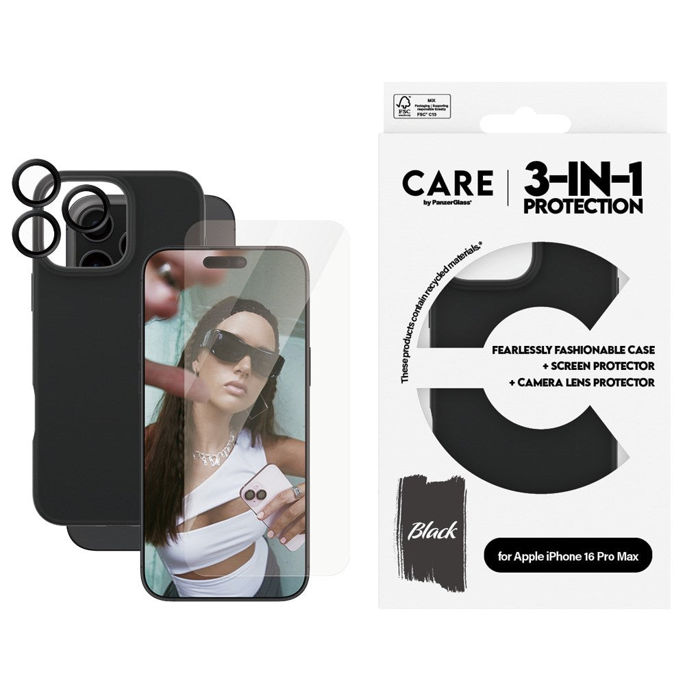 iPhone 16 Pro Max CARE By PanzerGlass 3-i-1 FASHION Bundle - Skærmbeskyttelse (UWF) / Bagsidecover / Kamerabeskyttelse - Gennemsigtig / Sort