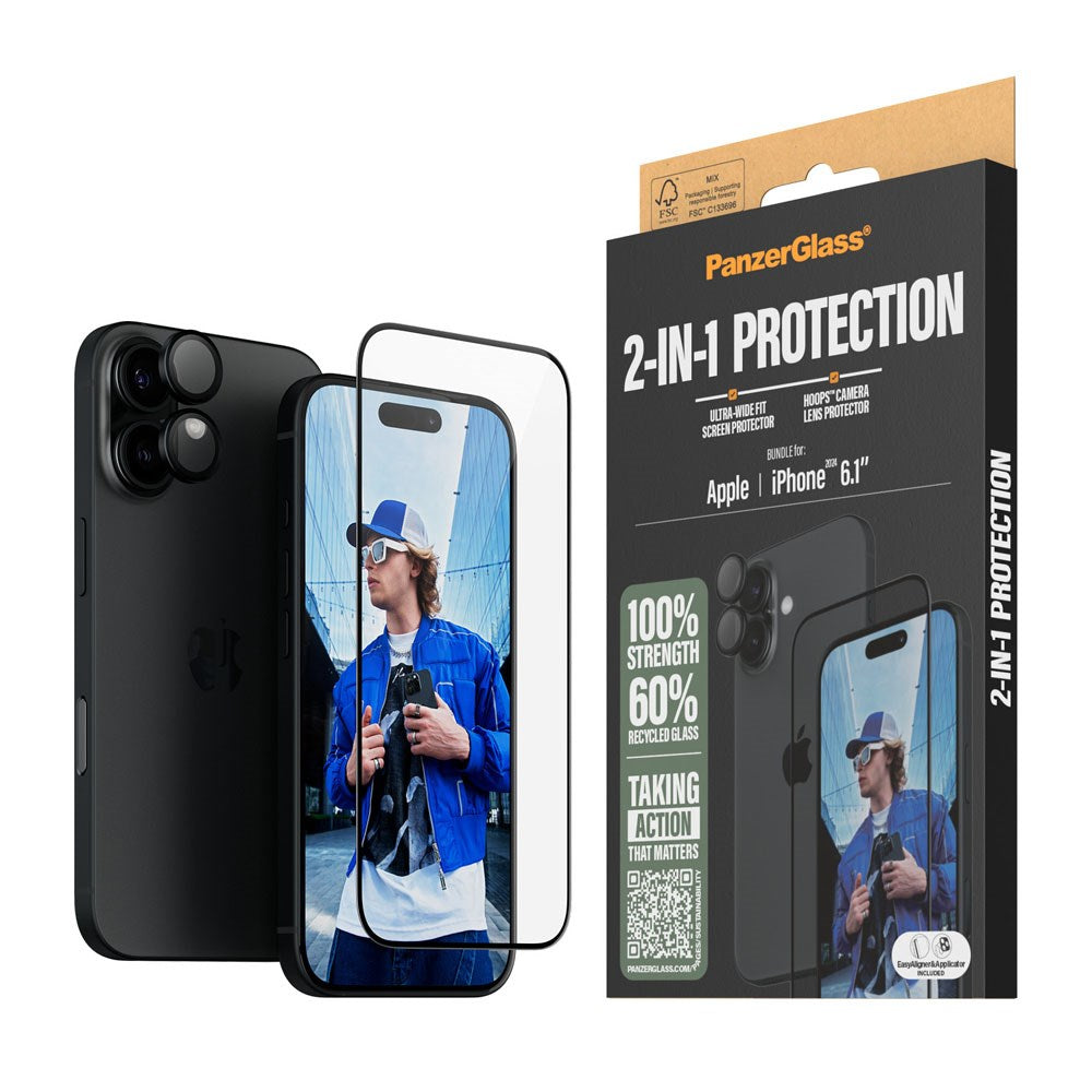 PanzerGlass iPhone 16 2-i-1 Bundle m. EasyAligner - Skærmbeskyttelse / Kamerabeskyttelse - Gennemsigtig / Sort