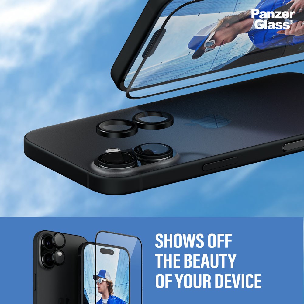 PanzerGlass iPhone 16 2-i-1 Bundle m. EasyAligner - Skærmbeskyttelse / Kamerabeskyttelse - Gennemsigtig / Sort