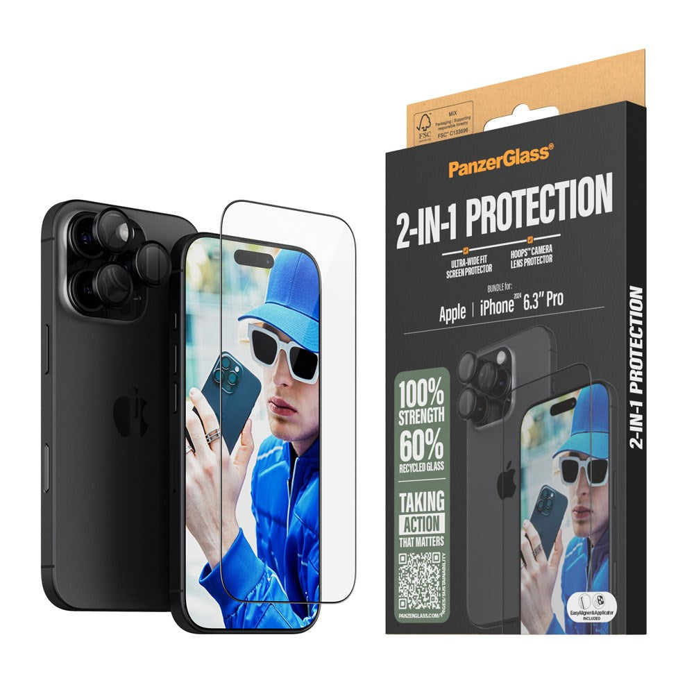 PanzerGlass iPhone 16 Pro 2-i-1 Bundle m. EasyAligner - Skærmbeskyttelse / Kamerabeskyttelse - Gennemsigtig / Sort
