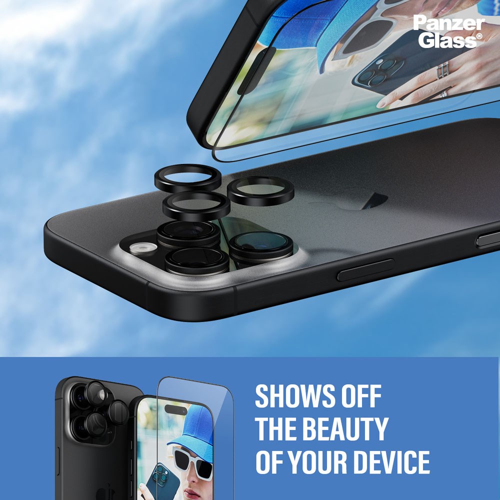PanzerGlass iPhone 16 Pro 2-i-1 Bundle m. EasyAligner - Skærmbeskyttelse / Kamerabeskyttelse - Gennemsigtig / Sort