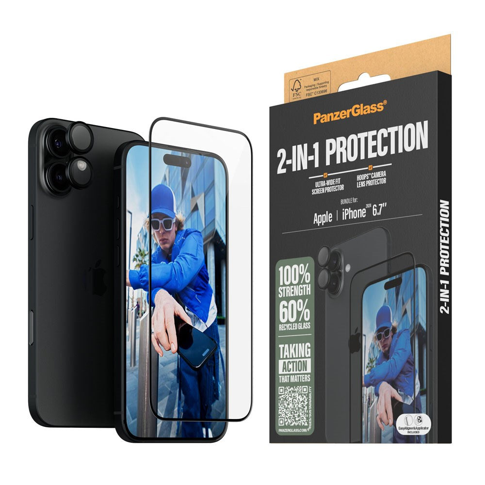 PanzerGlass iPhone 16 Plus 2-i-1 Bundle m. EasyAligner - Skærmbeskyttelse / Kamerabeskyttelse - Gennemsigtig / Sort