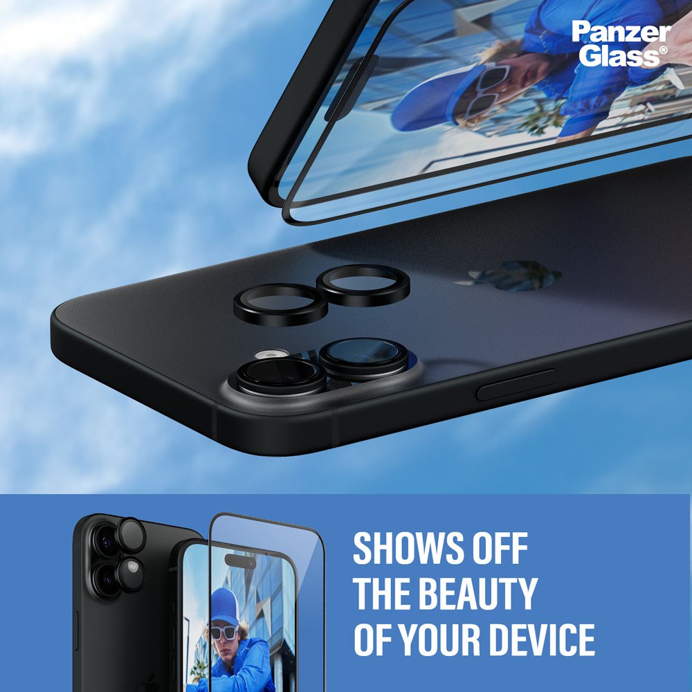 PanzerGlass iPhone 16 Plus 2-i-1 Bundle m. EasyAligner - Skærmbeskyttelse / Kamerabeskyttelse - Gennemsigtig / Sort