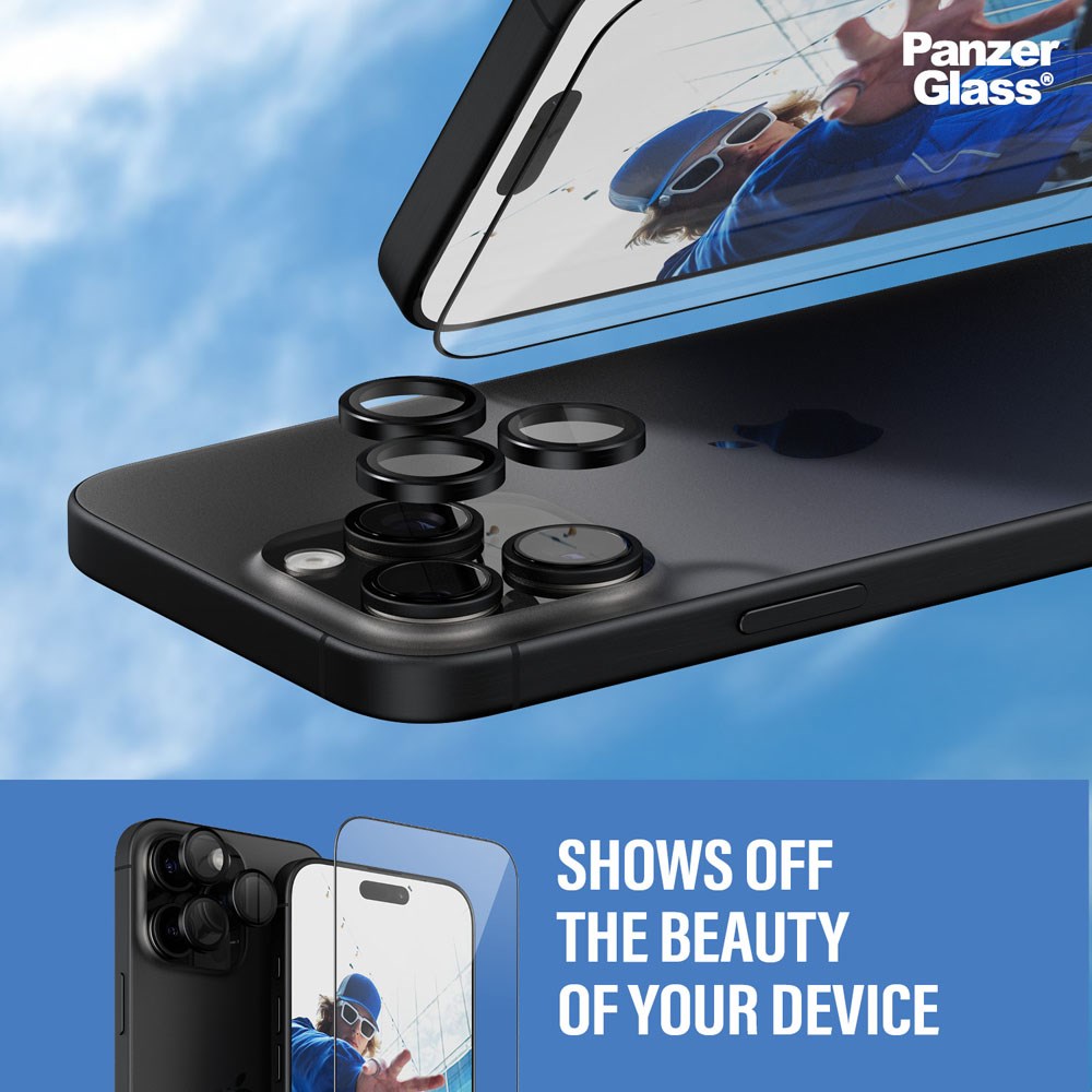 PanzerGlass iPhone 16 Pro Max 2-i-1 Bundle m. EasyAligner - Skærmbeskyttelse / Kamerabeskyttelse - Gennemsigtig / Sort